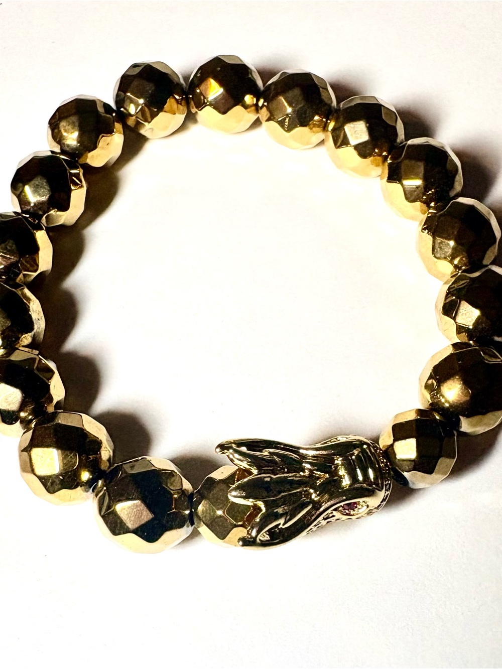 Men Gold Hematite Bead Stretch Bracelet with Red Eyes Dragon Charm